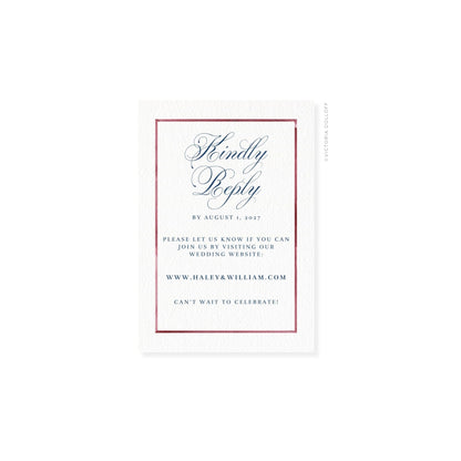 Watercolor Border RSVP card with red outline and script “Kindly Reply”