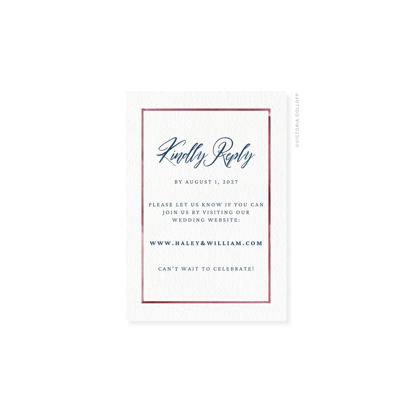 RSVP card with red border, script “Kindly Reply” and RSVP details