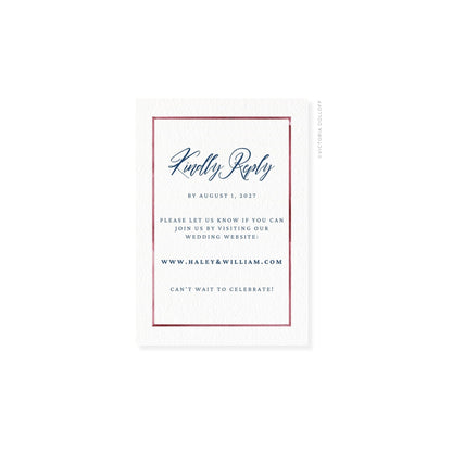 RSVP card with red border, script “Kindly Reply” and RSVP details