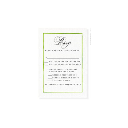 RSVP card with green border and elegant script “Bsvp” header