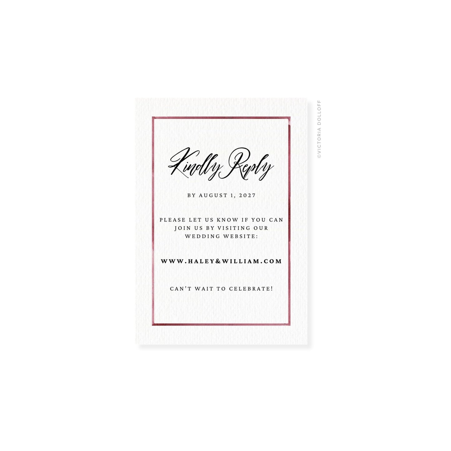 RSVP card with red border, script “Kindly Reply” with date line