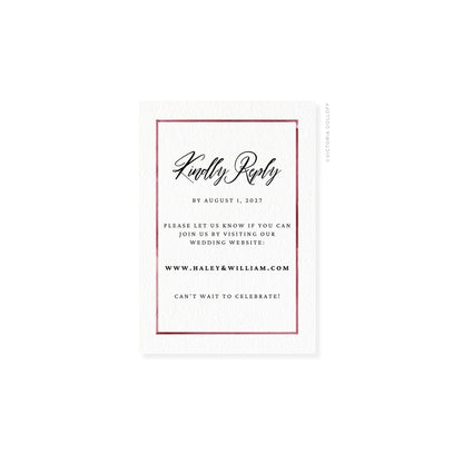 RSVP card with red border, script “Kindly Reply” with date line