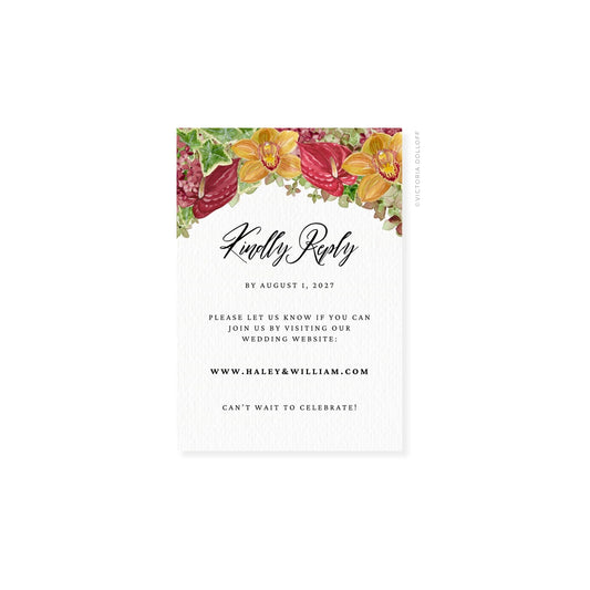 Floral watercolor RSVP card, black script “Kindly Reply” with “August 1, 2027”
