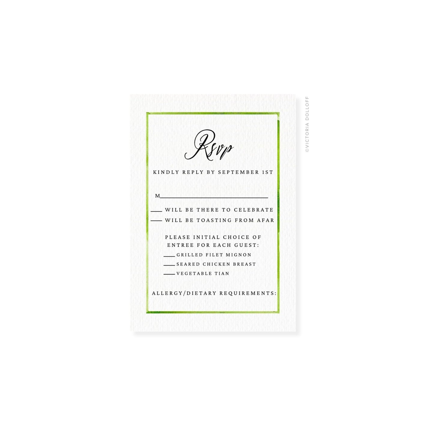 RSVP card with green border and script “Rsvp” header