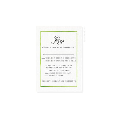 RSVP card with green border and script “Rsvp” header