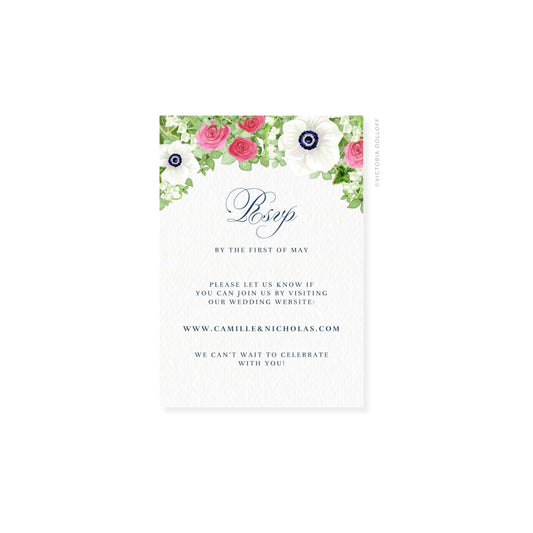 Floral watercolor RSVP card, floral top border, serif RSVP header
