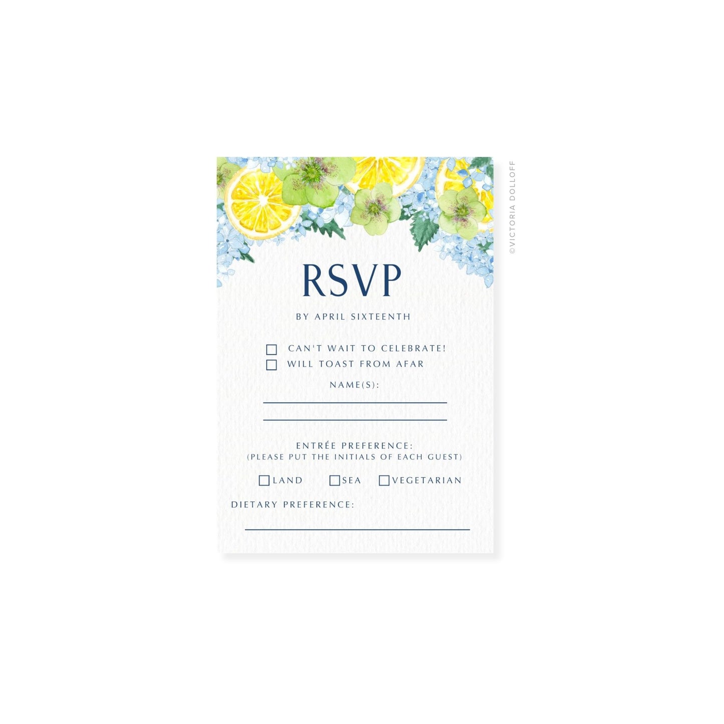 RSVP-Karte mit großer 'RSVP'-Überschrift, Aquarell-Zitrus- & Blumenrand