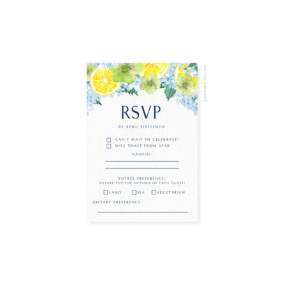 RSVP-Karte mit großer 'RSVP'-Überschrift, Aquarell-Zitrus- & Blumenrand