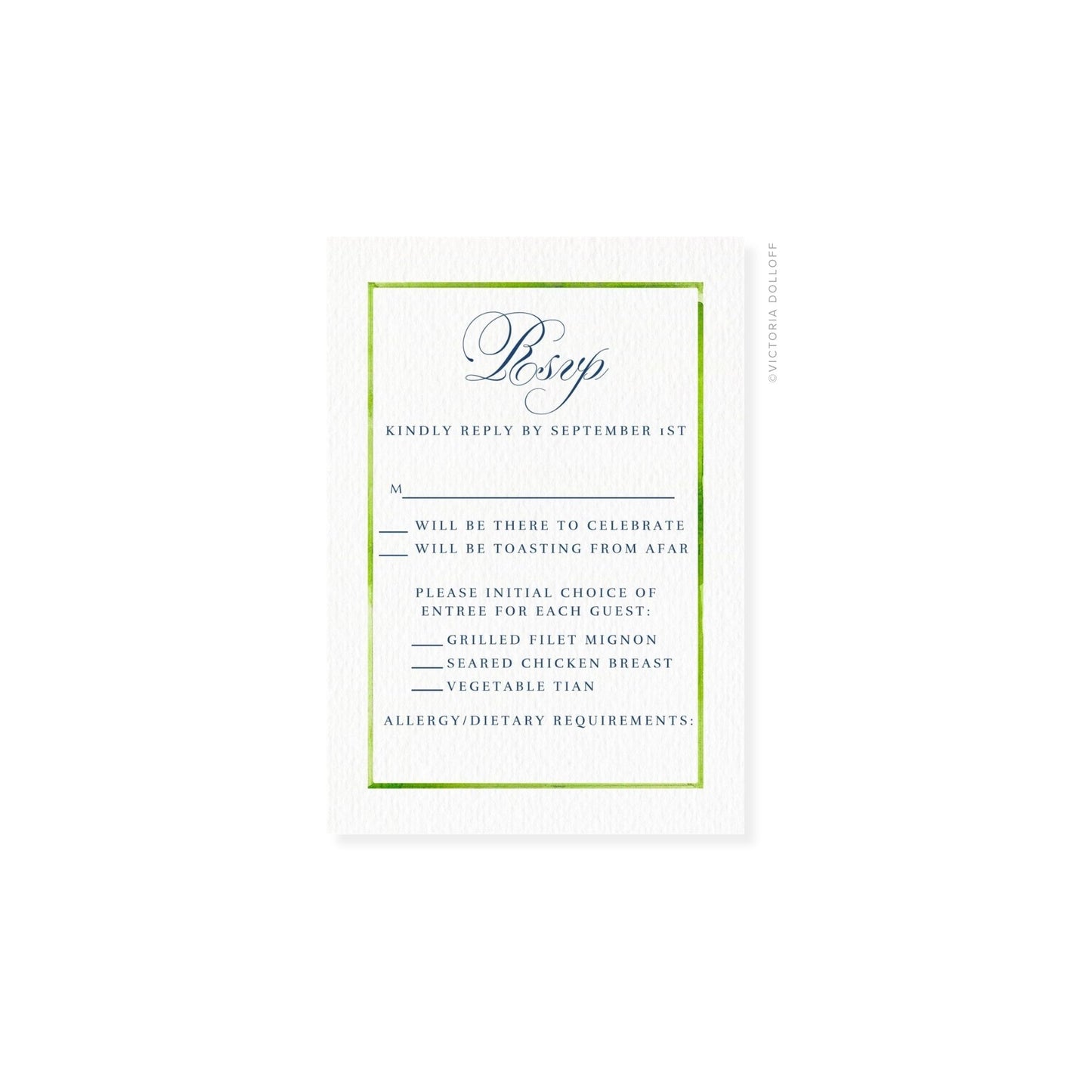 RSVP card with green border and elegant script “Bsvp” header