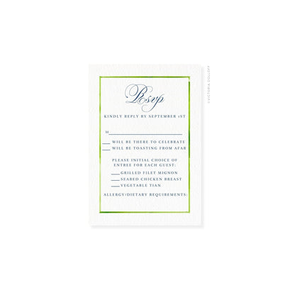 RSVP card with green border and elegant script “Bsvp” header