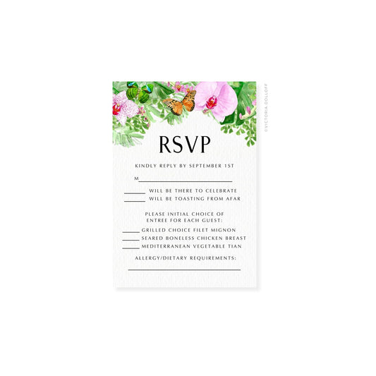Floral RSVP card with uppercase “RSVP”, reply line, and menu/allergy check lines