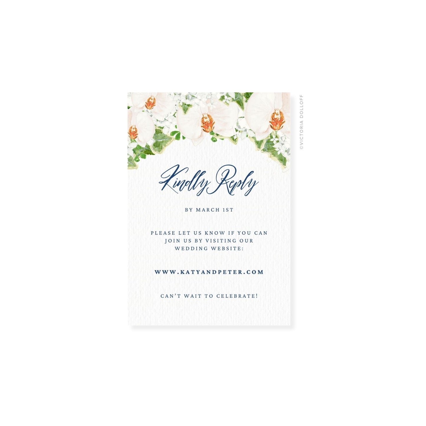Floral watercolor RSVP card with “Kindly Reply” script, floral border on top and sides