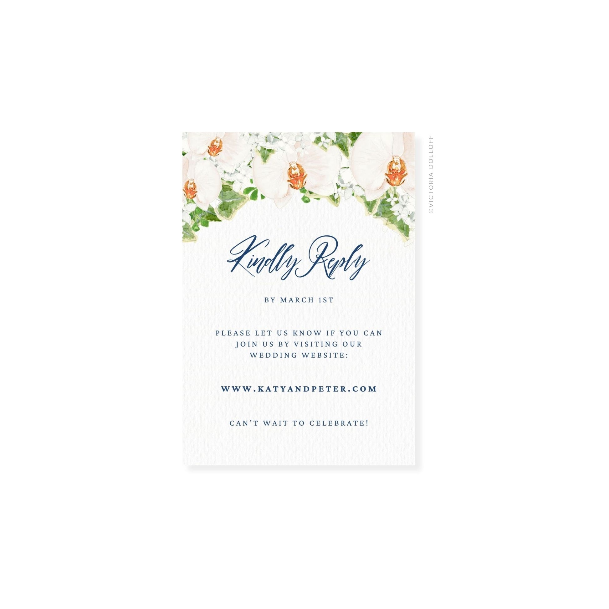Floral watercolor RSVP card with “Kindly Reply” script, floral border on top and sides