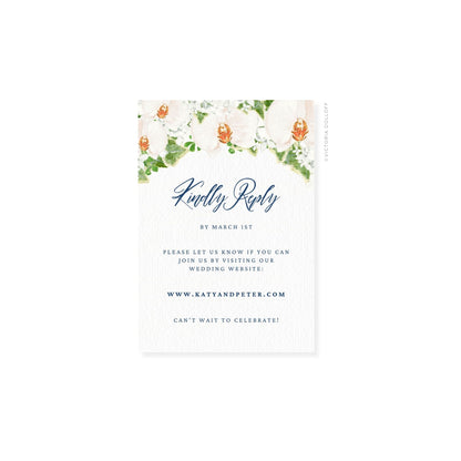 Floral watercolor RSVP card with “Kindly Reply” script, floral border on top and sides