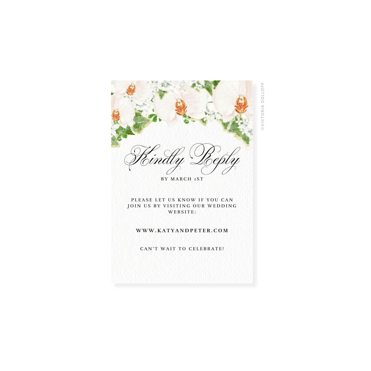 Floral watercolor RSVP card with “Kindly Reply” script and website URL printed below