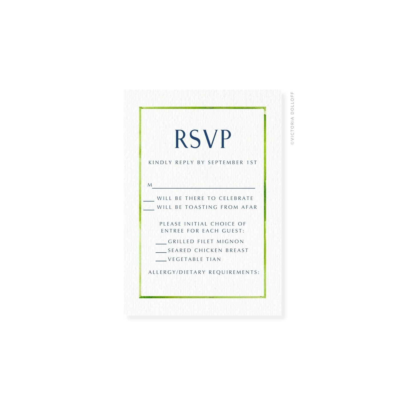 RSVP card with green border and uppercase “RSVP” header