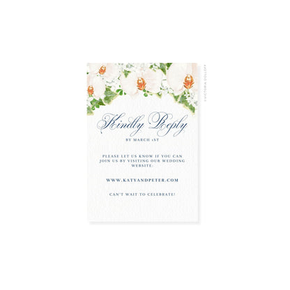 Floral watercolor RSVP card with “Kindly Reply” script and date line “BY MARCH 1ST”