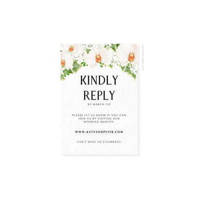Floral watercolor RSVP card with uppercase “KINDLY REPLY” in navy and RSVP instructions