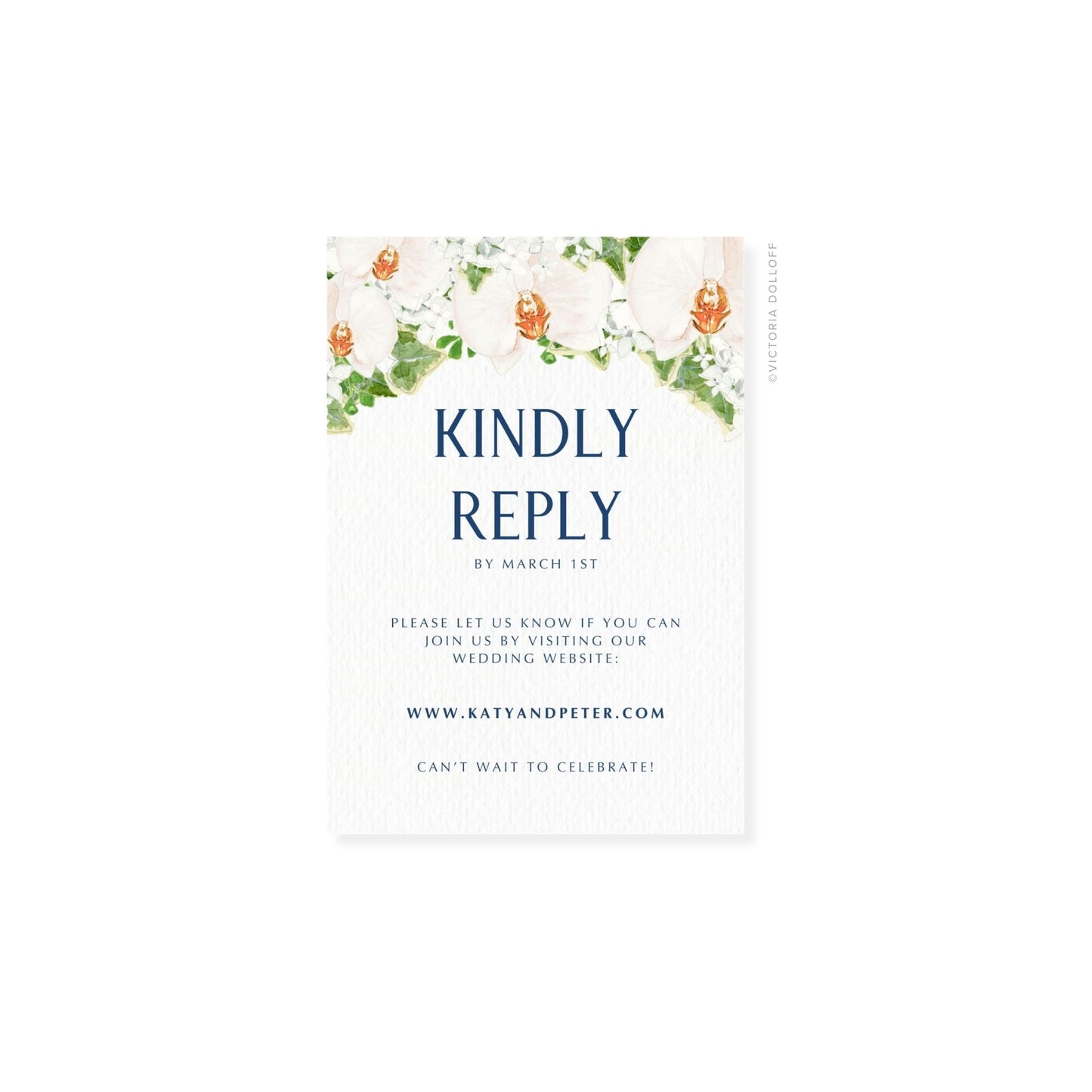 Floral watercolor RSVP card with uppercase “KINDLY REPLY” in navy and date “BY MARCH 1ST”