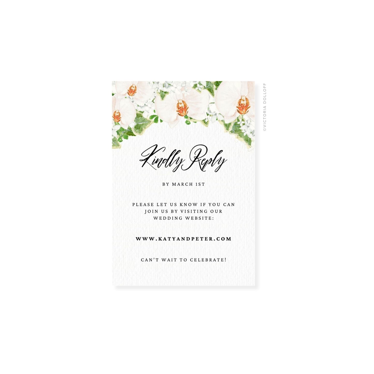 Floral watercolor RSVP card with “Kindly Reply” script and blue lettering at center