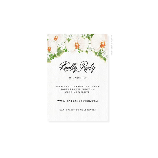 Floral watercolor RSVP card with “Kindly Reply” script and blue lettering at center