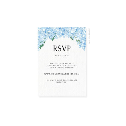 Hydrangea watercolor RSVP card with floral arch and “RSVP” in dark text