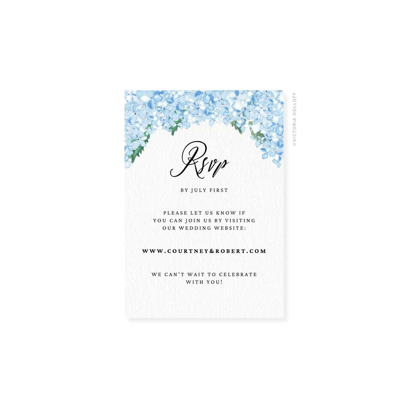Hydrangea watercolor RSVP card with floral arch and black “Rsvp” lettering