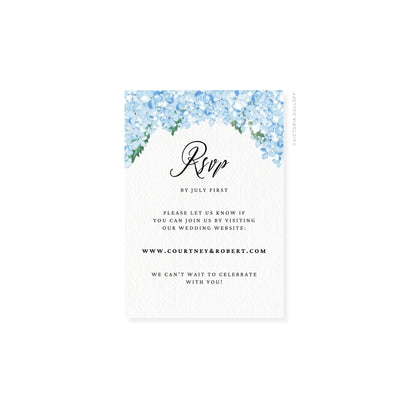 Hydrangea watercolor RSVP card with floral arch and black “Rsvp” lettering