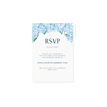 Hydrangea watercolor RSVP card with floral arch and “RSVP” in navy blue