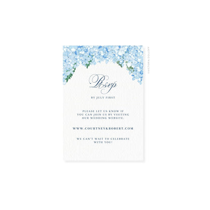 Hydrangea watercolor RSVP card with blue floral arch and “Rsvp” lettering