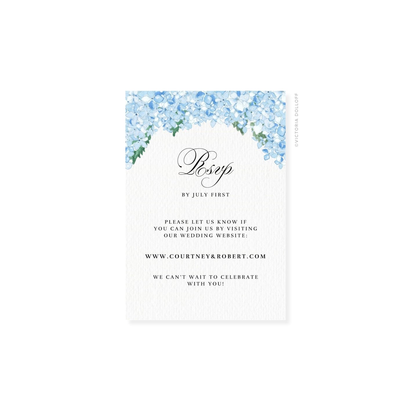 Hydrangea watercolor RSVP card with floral arch and blue “Rsvp” script