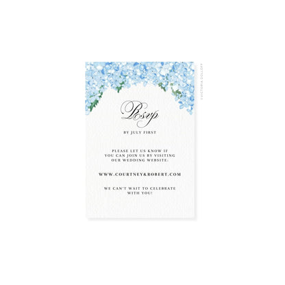Hydrangea watercolor RSVP card with floral arch and blue “Rsvp” script