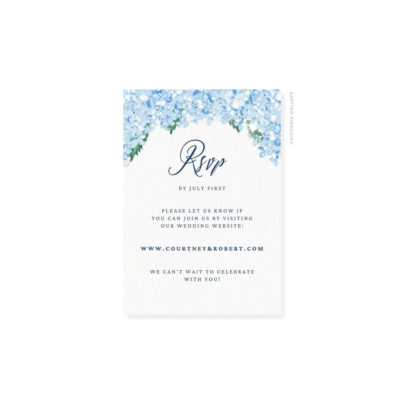 Hydrangea watercolor RSVP card with floral arch and darker blue “Rsvp” text