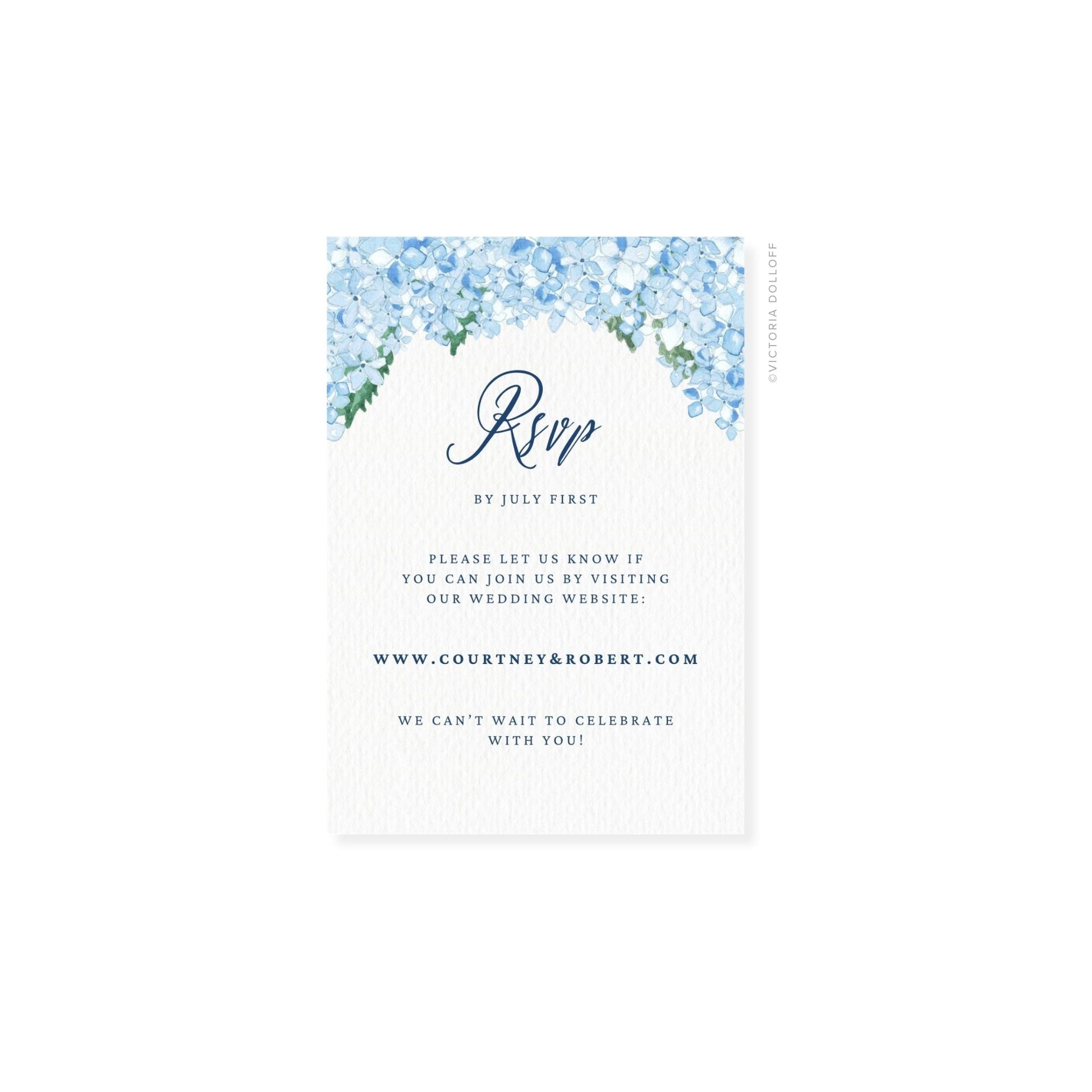Hydrangea watercolor RSVP card with floral arch and darker blue “Rsvp” text