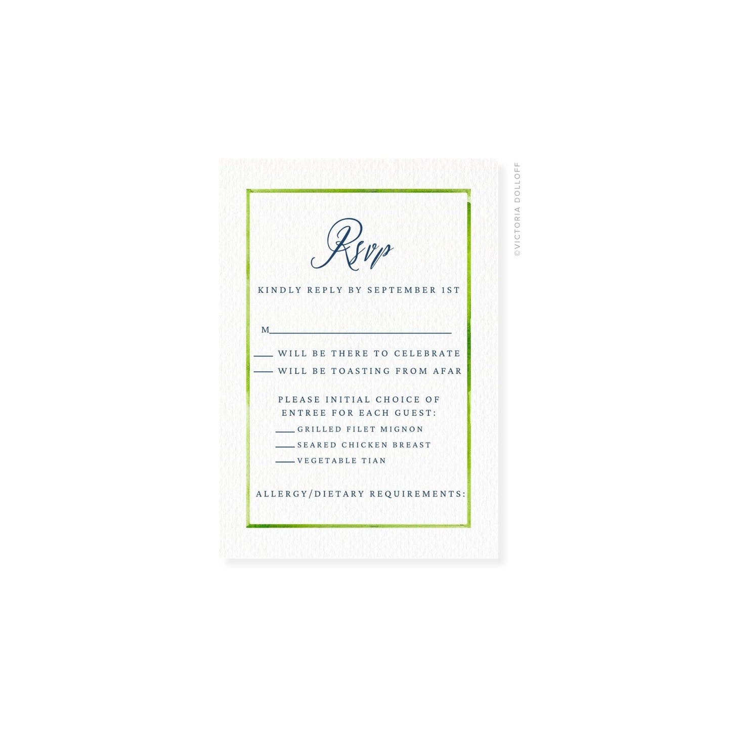 RSVP card with green border and script “Rsvp” header