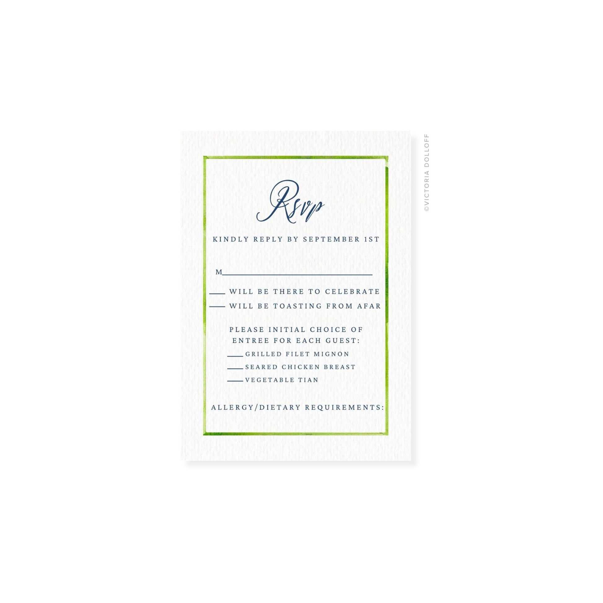 RSVP card with green border and script “Rsvp” header