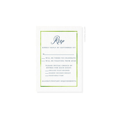 RSVP card with green border and script “Rsvp” header