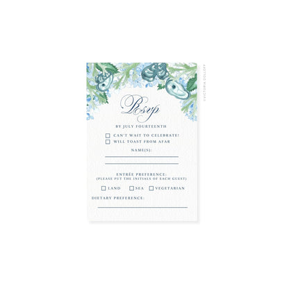 RSVP card with watercolor birds and leaves, script “RSvp,” checkboxes, and name line