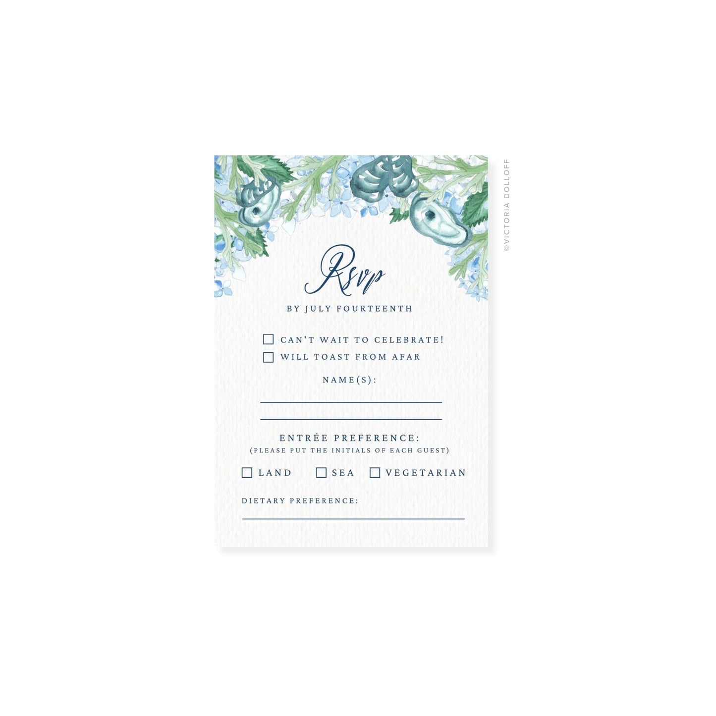 RSVP card with watercolor border, script RSVP, “Land/Sea” and “Vegetarian” boxes