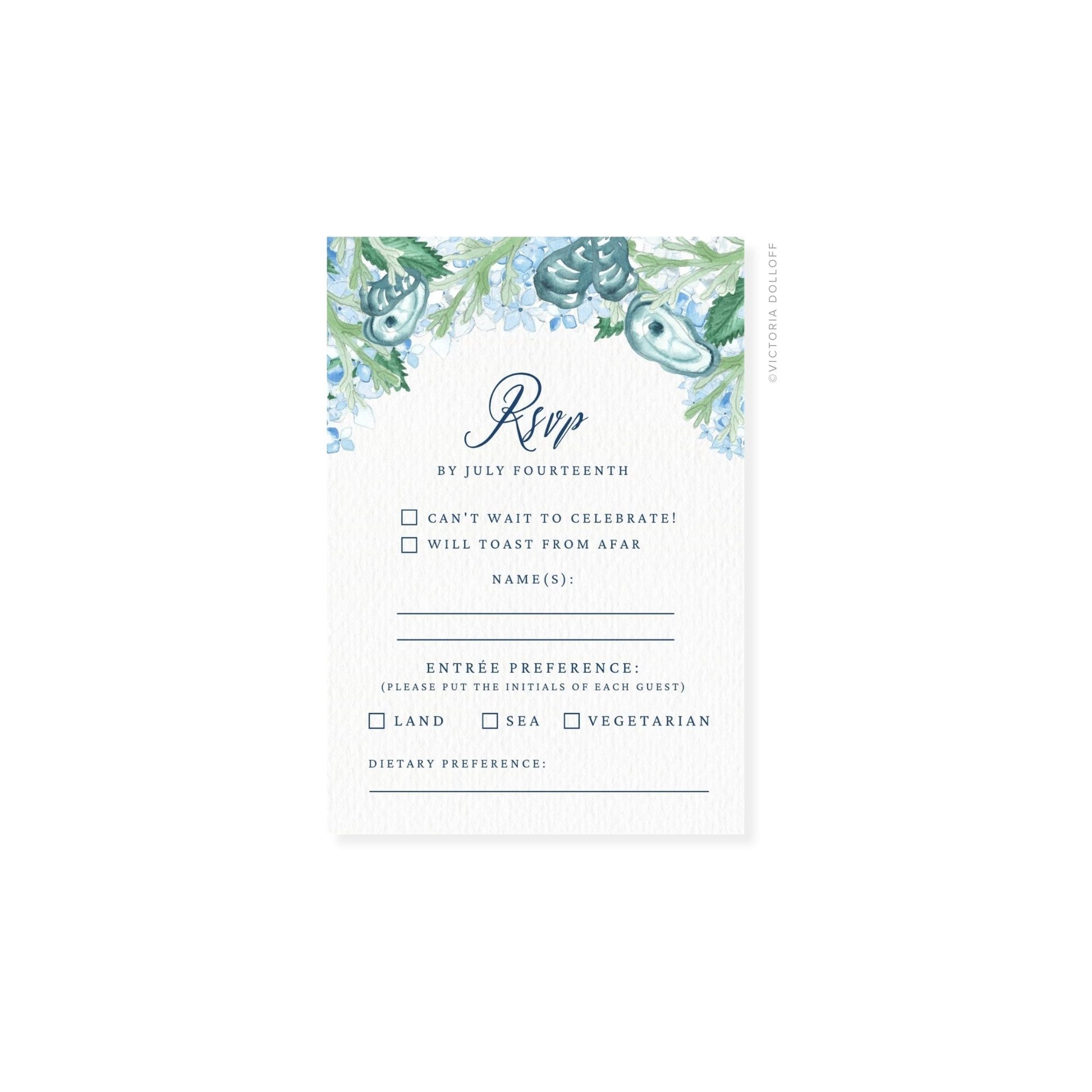 RSVP card with watercolor border, script RSVP, “Land/Sea” and “Vegetarian” boxes