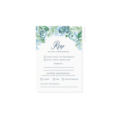 RSVP card with watercolor border, script RSVP, “Land/Sea” and “Vegetarian” boxes