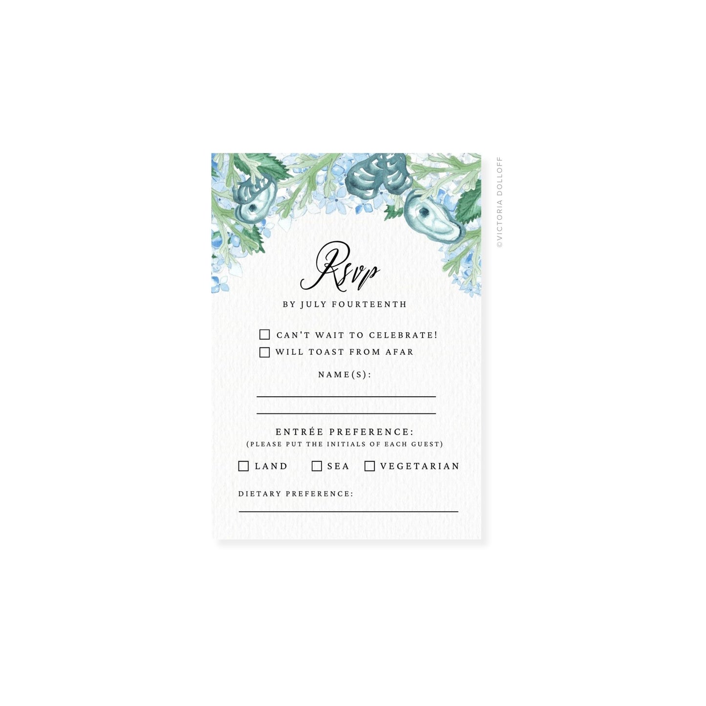RSVP card with watercolor greenery, script “RSvp,” entry preference and dietary lines