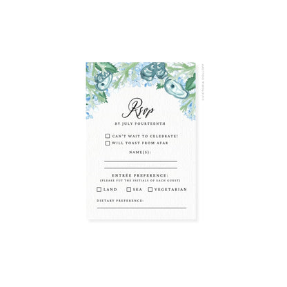 RSVP card with watercolor greenery, script “RSvp,” entry preference and dietary lines