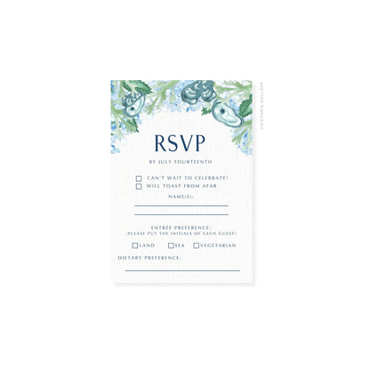 RSVP card with watercolor border, “RSVP” in large letters, checkboxes and name lines