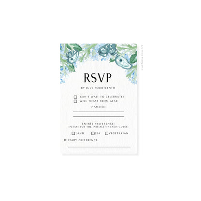RSVP card with watercolor border, “RSVP” heading, land/sea and vegetarian preference boxes