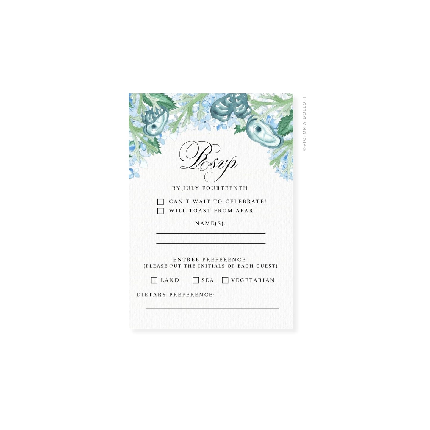 RSVP card with watercolor florals, script RSVP, “Can’t wait” and “Toast from afar” boxes