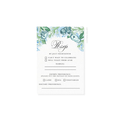 RSVP card with watercolor florals, script RSVP, “Can’t wait” and “Toast from afar” boxes