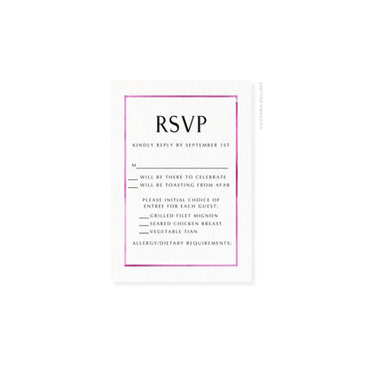 Watercolor border RSVP card, pink frame, bold “RSVP” and Sept. 1st reply date