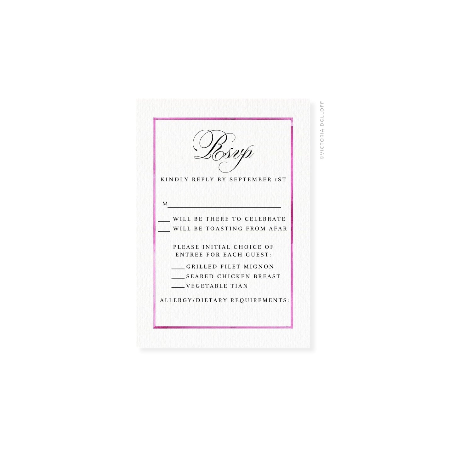 Watercolor border RSVP card, pink frame, cursive “Bsvp” and Sept. 1st reply text