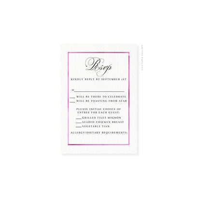 Watercolor border RSVP card, pink frame, cursive “Bsvp” and Sept. 1st reply text